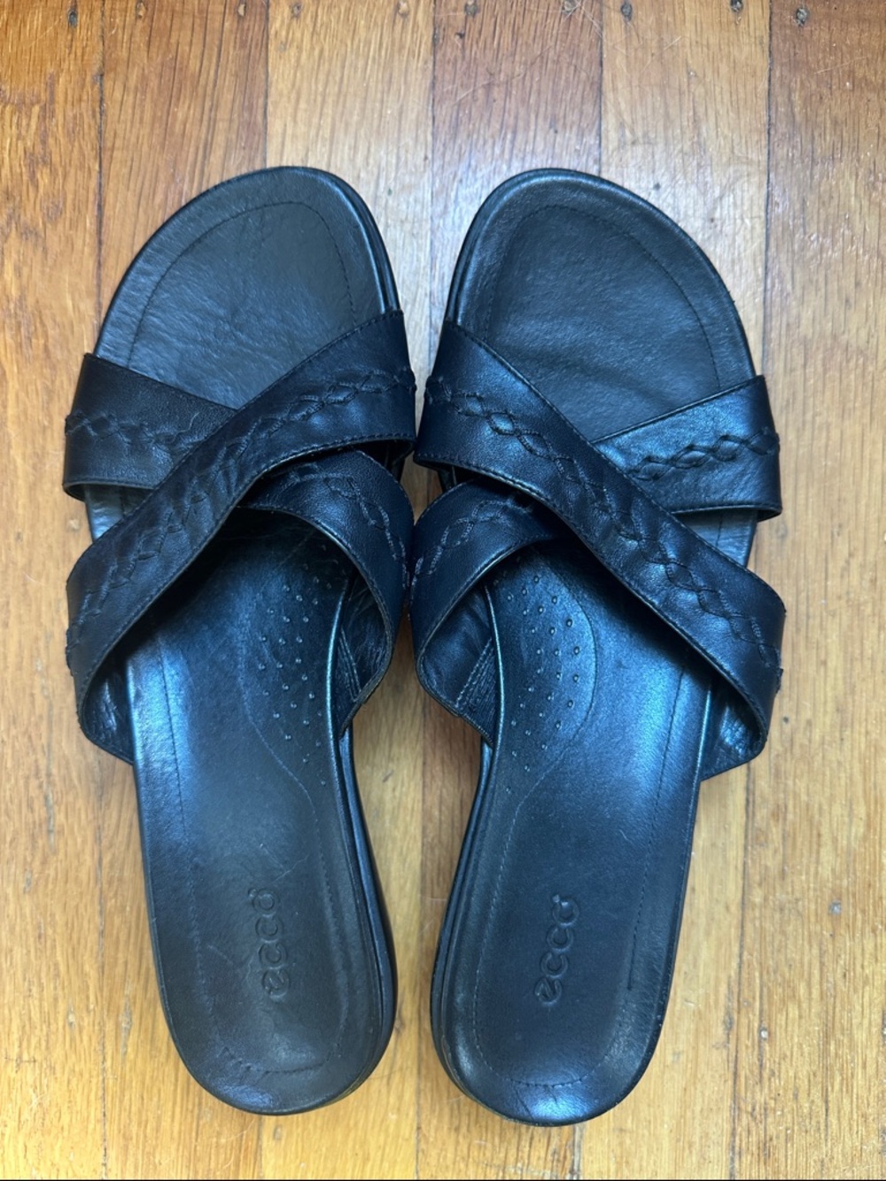 Ecco Black Leather Crisscross Slide Sandals 40 9 - 9.5